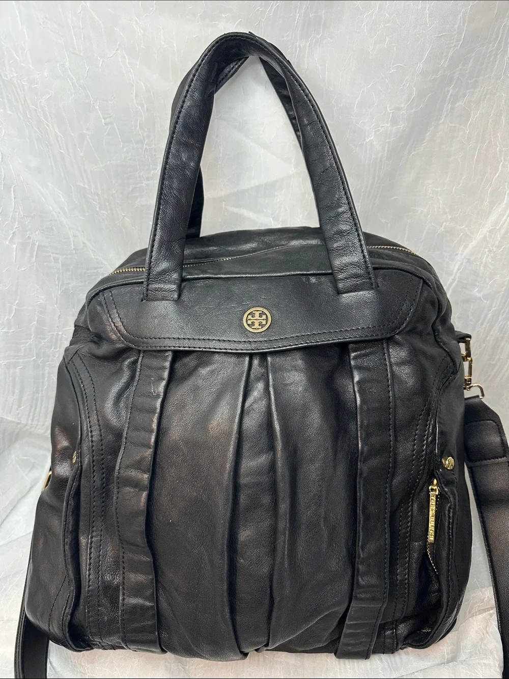 Tory Burch Black Leather Pleated Bag Tevin Box Satchel Crossbody